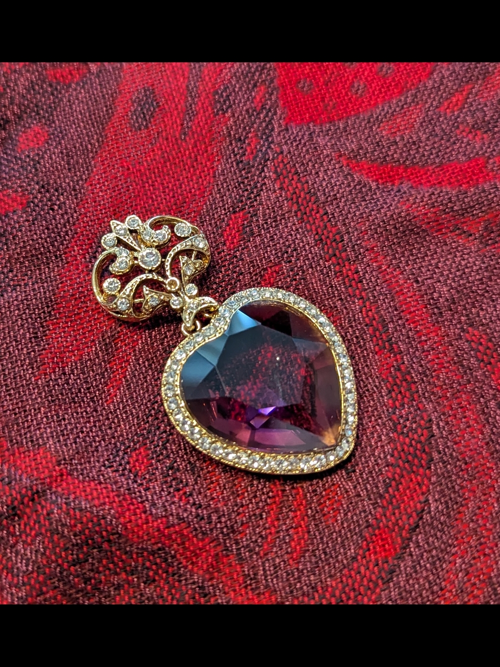 Gold-Tone Heart Brooch with Purple Crystal and Clear Accent Stones